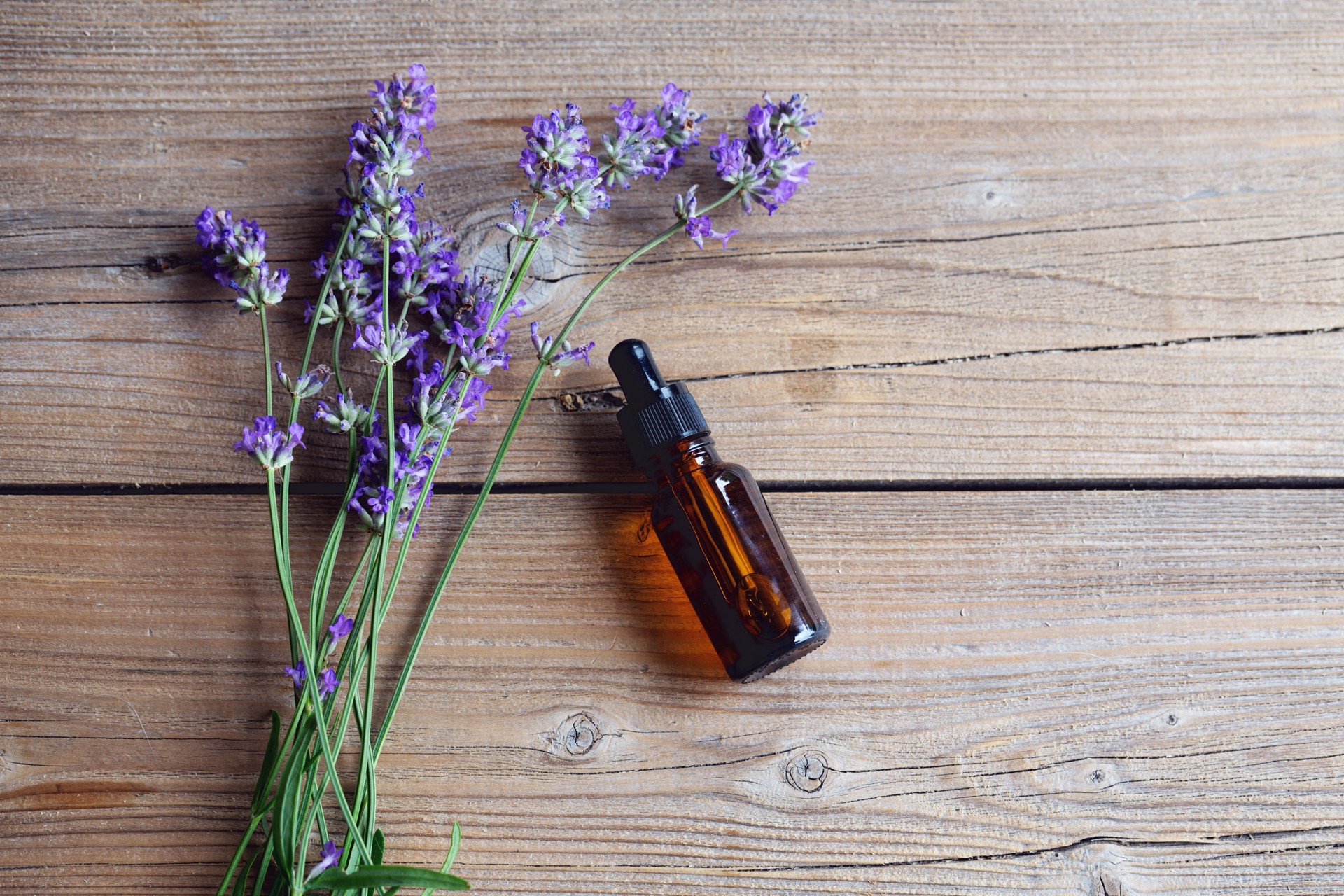 Aromatherapy: bunch of lavender flowers on wood and a brown bottle with essential oil